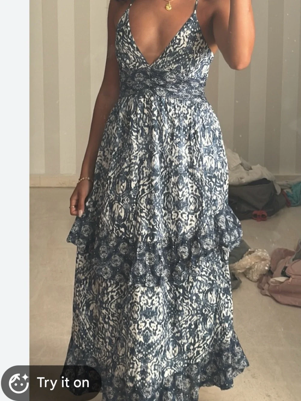 Abercrombie & Fitch Bra-Free Tiered Flowey Tie Back Maxi Dress Blue&white